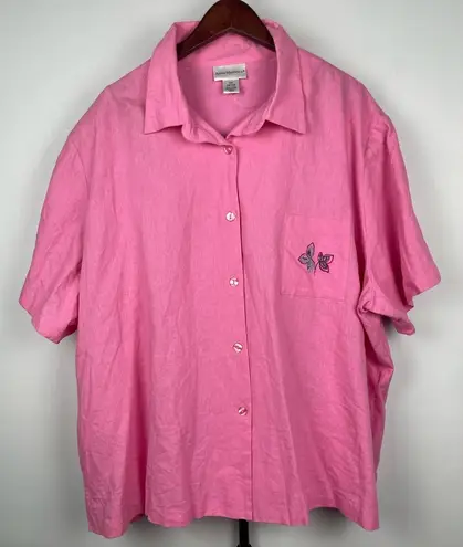 Anna Maxwell Pink Linen Blend Embroidered Floral Short Sleeve Button Up Shirt Size 5X