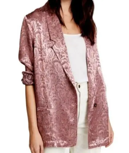 Free People Silky Jacquard Pink Shimmer Paisley Oversized Blazer Jacket Medium