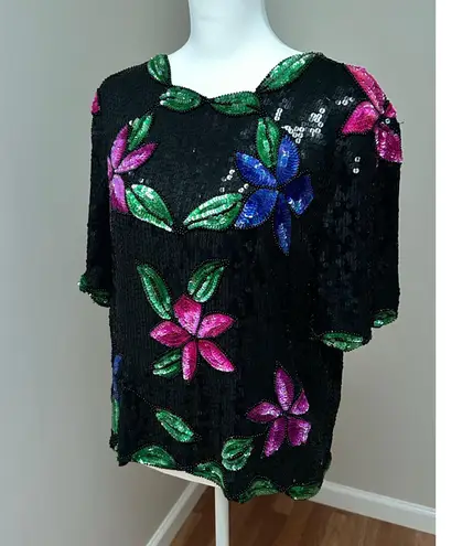 Vintage 1980’s “Sténay” Black Sequin & Beaded Blouse Floral Pattern Large