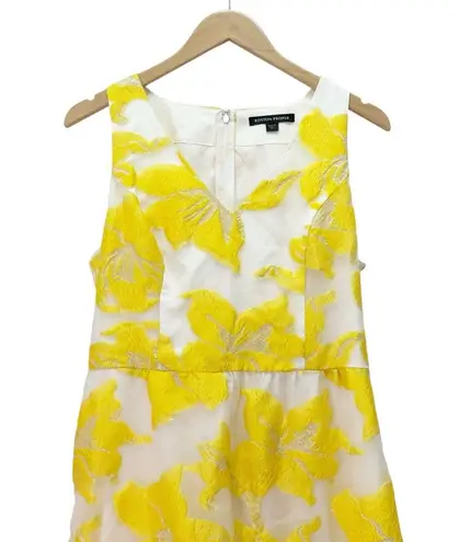 Boston Proper Yellow Floral Midi Dress Size 12 Metallic Jacquard Tiered V-Neck