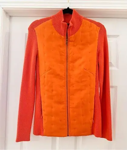 J. McLaughlin  Silk Quilted Front Full Zip Ribbed Sweater Jacket sz Medium Orange