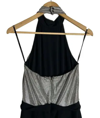 Black Halo Genesis Black Silver Wide Leg Halter Cocktail Jumpsuit Size 2