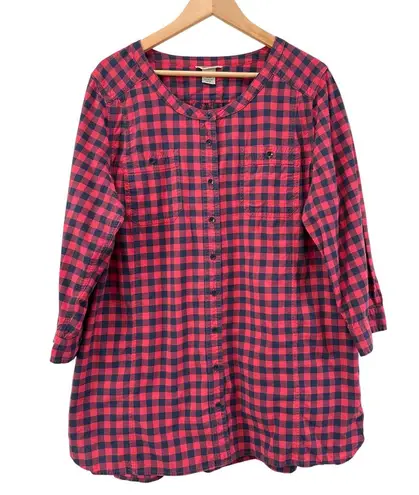 Duluth Trading Co Organic Cotton Free Range Buffalo Check Plaid 3/4 Sleeve Tunic Red Size 2X