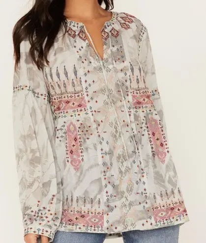 Johnny Was Biya Deliza Embroidered silk Boho Tunic Blouse Large