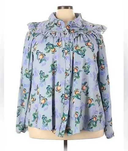 Lost Ink | Women’s Plus Size 4X Ruffled Floral Fruit Button Down Blouse Blue