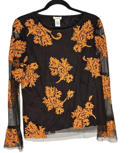 Sundance Black Orange Embroidered Beaded Mesh Overlay Flora Blouse Fairy