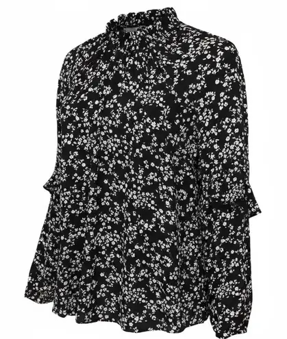 Moa Moa Floral Print Mock Neck Ruffle Detail Blouse