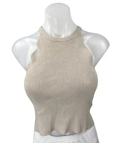 Kourt Women's Beige Sleeveless Ribbed Knit High Neck Cropped Tank Top Size S