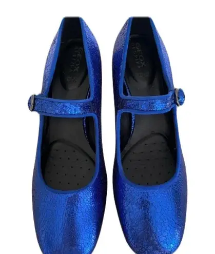 Geox Respira Metallic Blue Mary Jane Block Embellished Jewel Block Heel 37.5 7