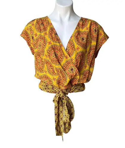 Anthropologie Maeve Cap Sleeve Wrap Top Mixed Media Yellow Printed Blouse, Sz S
