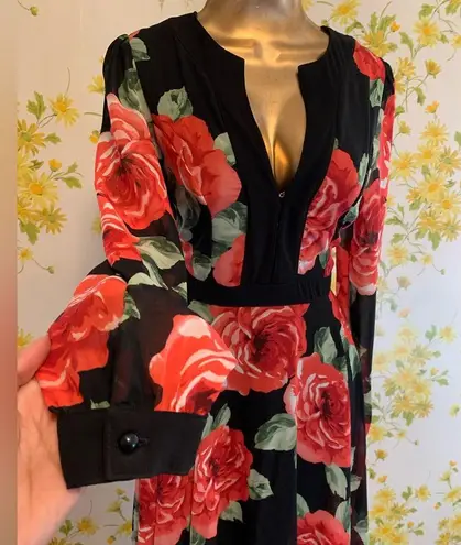 Red Flower Print Floor Length Dress Black Size M