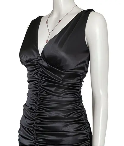 Vintage Y2K Black Satin Ruched V Neck Midi Cocktail Party Dress. XS. Graduation