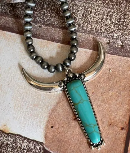 New Blue and Silver Longhorn Pendant on 18” Beaded Navajo Style Chain