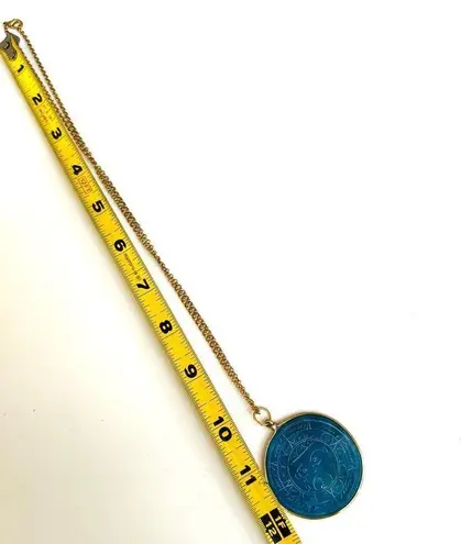 Vintage Carved AZTEC Sun Turquoise tone AGATE Stone Beaded Pendant Necklace Blue