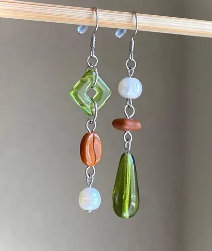 Handmade boho vintage aesthetic fairy chic style Czech glass beads mix pearl asymmetric dangle earrings🍃🌙🌳🫒🌀