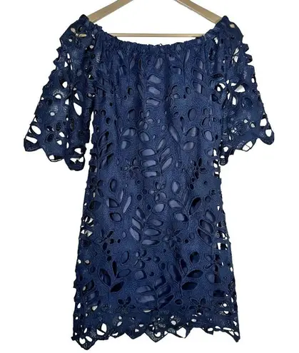 Women's | Pretty Garden | Navy Blue Off Shoulder Floral Lace Mini Dress - Small