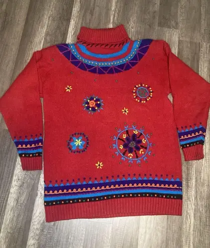 Vintage 80s Red Turtleneck Sweater Women L Chunky Bold Embroidered Shoulder Pads Size L