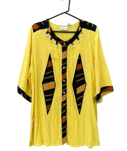 Laffaire Vintage Yellow Funky Seashell Embellished Button Up T-shirt