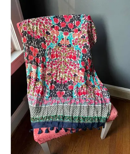 Vibrant Floral Print Scarf with Tassels Blue - Image 1