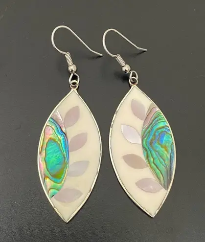 Vintage Alpaca Mexico Handcrafted MOP Abalone Inlay Mexican Silver Earrings 7g Green