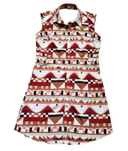 Viva Vena! Dress Women XS Geometric Halter Short Sleeve Open Back Collared EUC