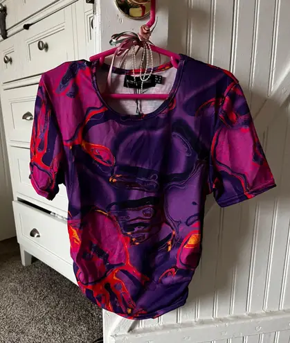 Pretty Little Thing Purple Printed Ruched Side Short Sleeve Top