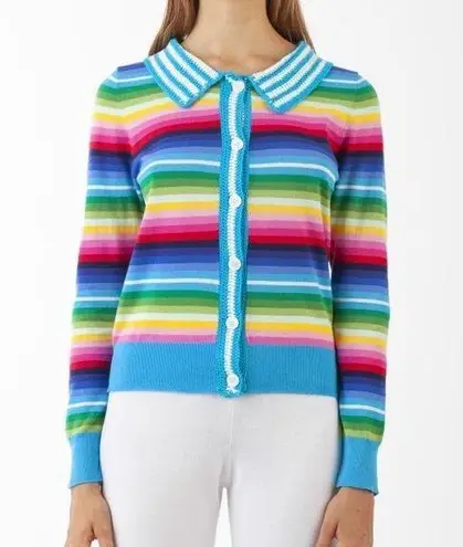 NWT Happy Sheep Rainbow Blue Striped Cardigan Crochet Detail Size Small