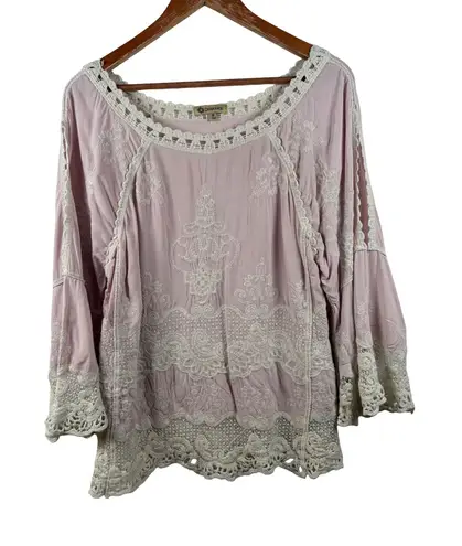 Democracy Medium Pink Embroidered Crochet Lace Bell Sleeve Boho Blouse Top