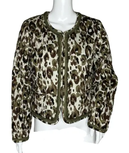 J Crew Jacket Womens Large Brown Green Cheetah Leopard Quilted Granny Grandma