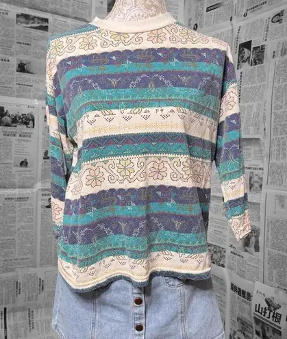 Vintage Penny Lane Boho Floral Stripe Knit Top Women's Medium 90s Retro Rare Blue