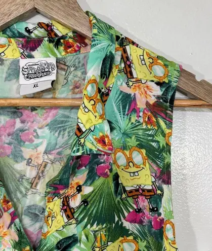 SpongeBob Fun Tropical Print Button Down Tie Front Sleeveless Top Size XL Green