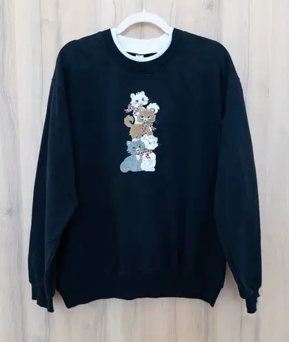 Morning Sun Womens Cat Sweatshirt Size XL Black Embroidered Kittens Cozy VTG