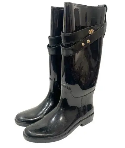 Coach  Size 10 TALIA BLACK TALL GOLD TURN LOCK LOGO RUBBER RAIN BOOTS