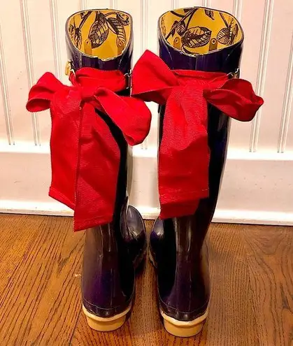 JOULES Navy Blue Tall Rain Boots with Red Bow and Toile Lining Size 9