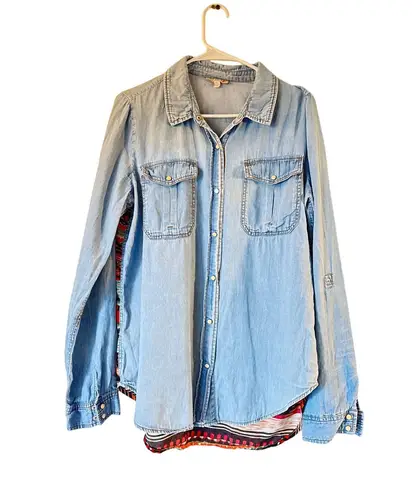 GB Gianni Bini Women’s XL Denim Chambray Shirt Aztec Print Back Long Sleeve Blue