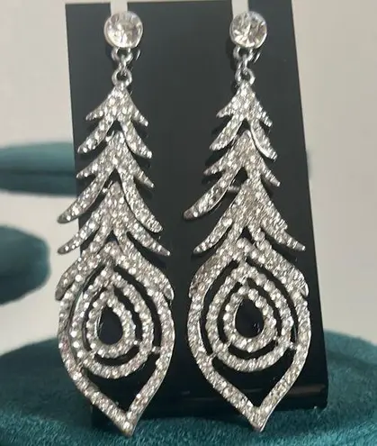 Stunning Bridal Prom Formal Silver Crystal Peacock Feather Design Drop Earrings