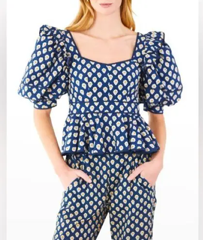 Hunter Bell Blayne Puff Sleeves Poplin Peplum Top blouse block print floral navy