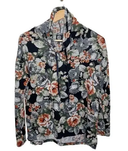 Bobeau soft knit floral print cowl neck sweatshirt with velour drawstrings sz S