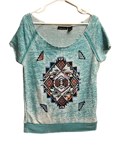 Sweater Project Light Aqua Blue Aztec Short Sleeve Oversized Blouse Size XL