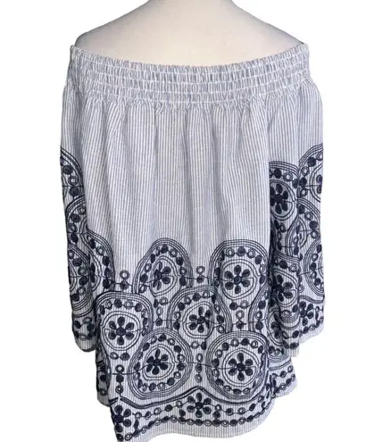 Unique spectrum Blue & White Stripe Embroidered Off Shoulder Flowy Top XL