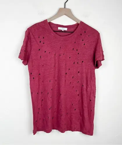 IRO  Clay Linen Distressed Short Sleeve Boyfriend Tee in Magnolia Red Size Medium