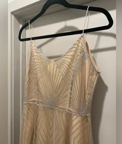 Beige Cream & Silver Glittery Art Deco Patterned Overlay Sleeveless Dress
