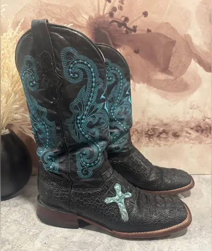Ferrini Ladies Size 10 Black Blue Caiman Cross Cowgirl Crocodile Boots