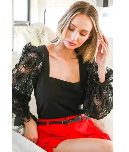 Vine & Love Floral Embroidered Ruffle Sleeve Detail Square Neck Blouse VT60301