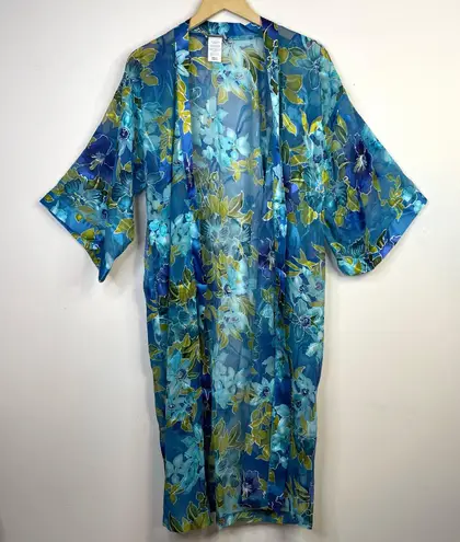 Vintage California Dynasty Sheer Floral Burnout Open Kimono Robe Duster womens S Blue