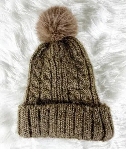 None Fuzzy Brown Knit Pom Pom Beanie