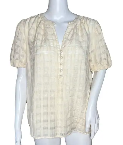 Current Air Womens Small Cream Checker Jacquard Puff Sleeve Top Sheer Bohemian