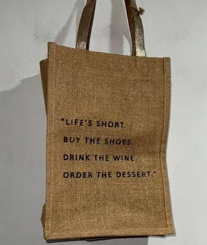 Wine woven Tote with Inspirational Quote holds 4 bottles shimmery jute bag Brown