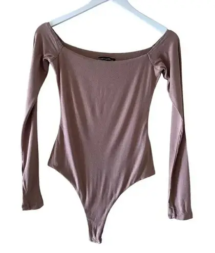 Naked Wardrobe Long Sleeves Latte Tan Womens Body Suit Top Soft SZ L #1664