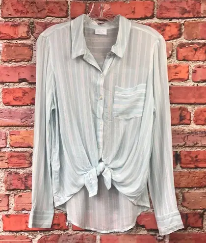 Abound Blue and White Striped  Front Tie Button-Up Blouse